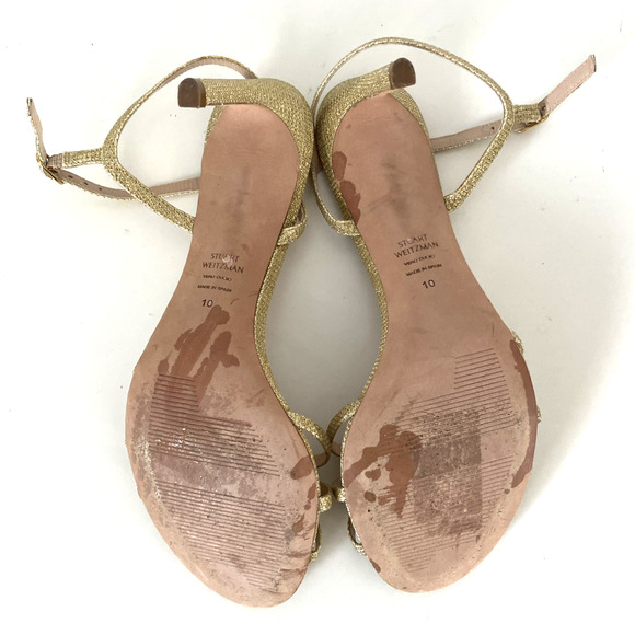 Stuart Weitzman Starla Gold Sandal 3.5"Slim Heel Open Toe Glitter Ankle Strap 10 - Picture 8 of 10